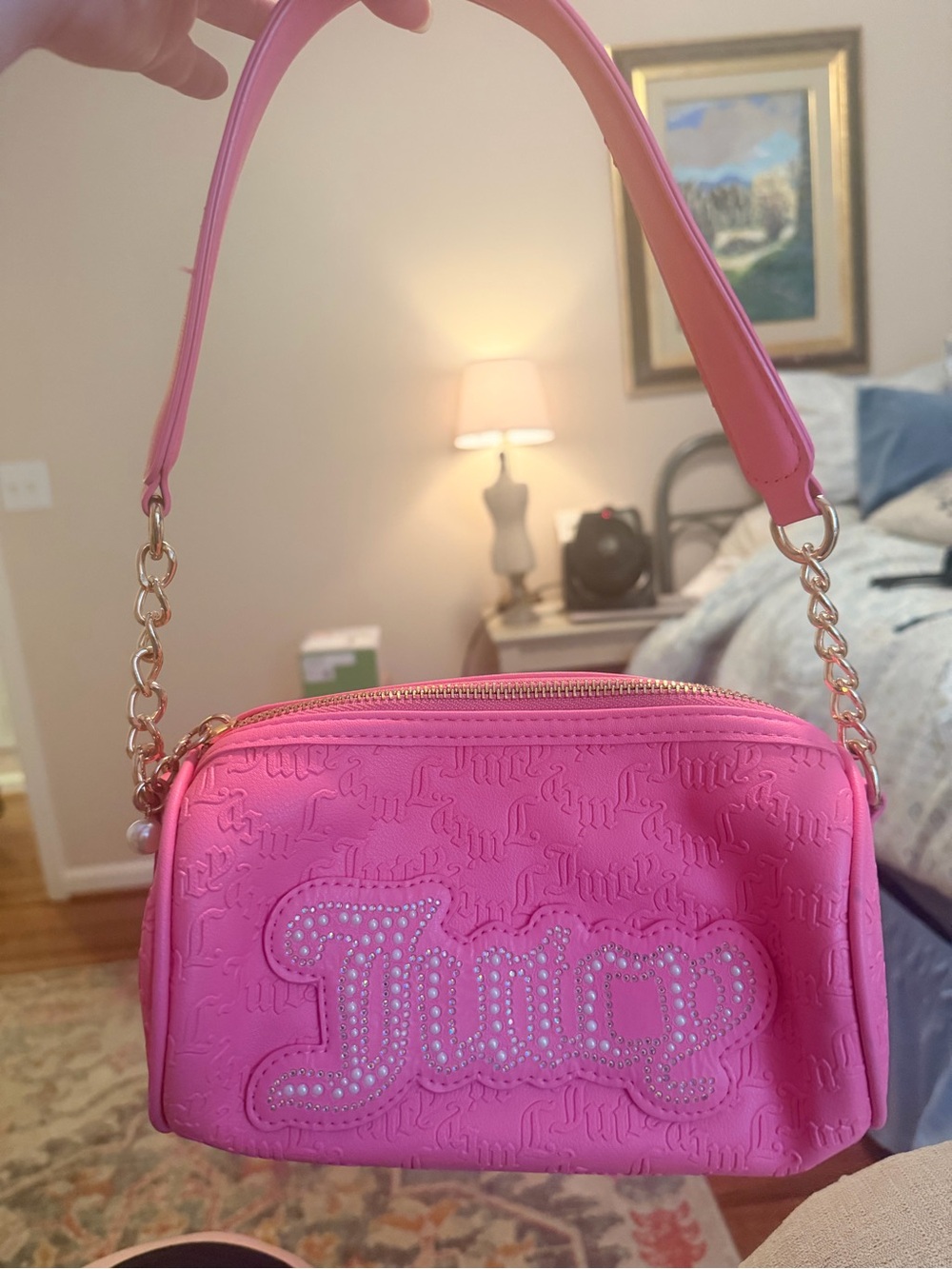Juicy Couture Hot Pink Mini Shoulder Bag with Pearl Chain Detail